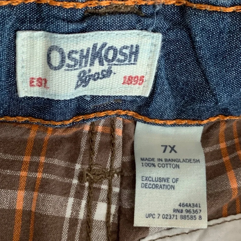OshKosh B'Gosh Shorts Boys 7X Brown Plaid Cargo Flat Front Pockets Adjustable